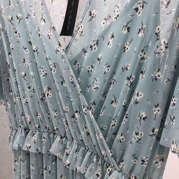 New Look Mesh Frill Blue Floral Ruffle Dress NWT - Picture 5 of 15